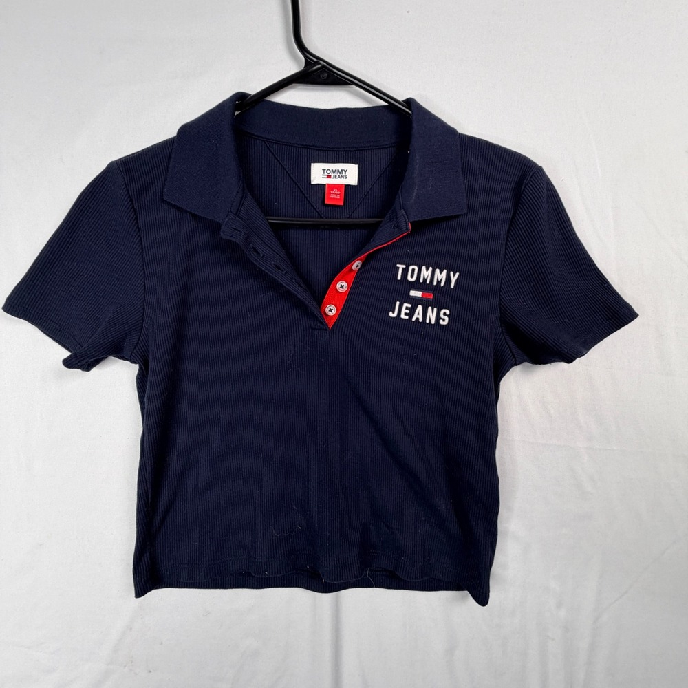 Tommy Jeans Polo Shirt XS Navy Blue Ribbed Cropped Logo Short Sleeve